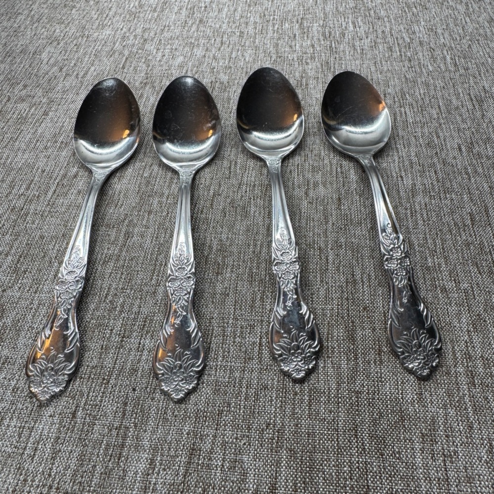 Rogers & Co Stainless China Floral Rose‎ Teaspoons Set of 4 Silver Flatware